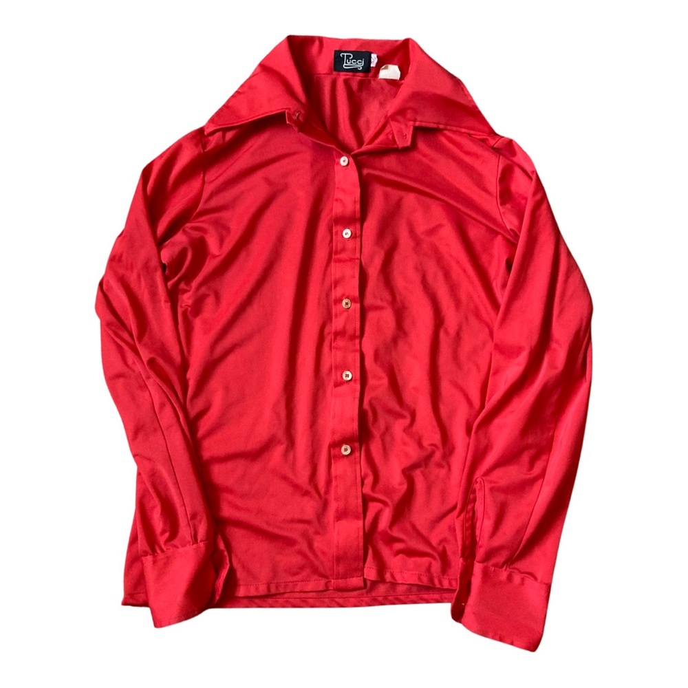 Vintage 70’s button up shirt womens M/L fit red silky smooth material